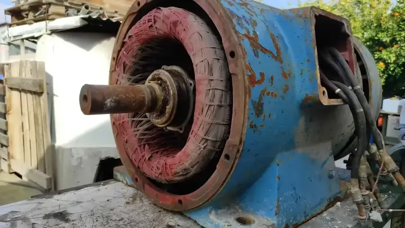 Open blue electric motor showing red stator windings and rusty shaft