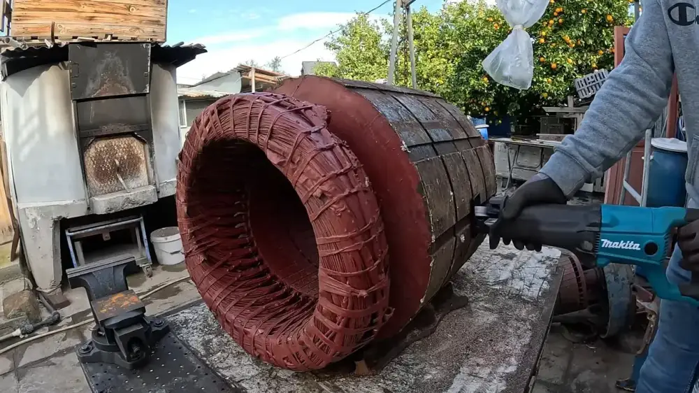 Close view of split stator steel core with a vertical cut through the center