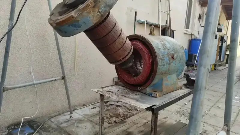 Close view of split stator steel core with a vertical cut through the center